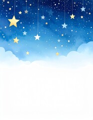 Fototapeta premium Watercolor night sky background with hanging stars for baby shower decor