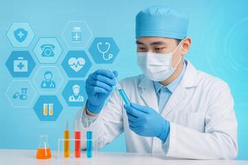 AI generated image of male scientist wearing lab coat surgical mask and cap analyzing colorful test tubes in a digital healthcare lab with blue medical icons background