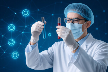 AI generated image of male scientist wearing lab coat and mask comparing two test tubes with digital network graphics and glowing data icons in a high tech laboratory environment
