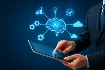 AI generated image of a businessman using a tablet showing a glowing digital AI brain with icons of data cloud analytics and security on binary background