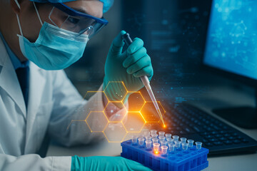 AI generated image of scientist using pipette in a high tech laboratory with glowing hexagonal graphics and digital interface over test tubes showing data driven chemical research