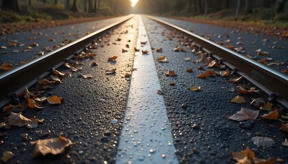 Autumn leaves on railroad tracks at sunset in scenic landscape
