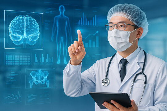 AI generated image of male doctor using virtual interface to analyze brain scan and body data while holding a tablet in a high tech digital medical environment