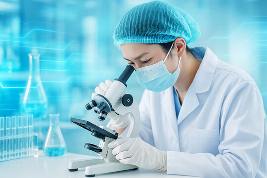 AI generated image of female scientist wearing mask gloves and hairnet examining specimen under microscope in a modern lab with blue digital graphics and clean high tech environment