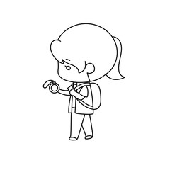 A girl is walking with a backpack and a cell phone in her hand