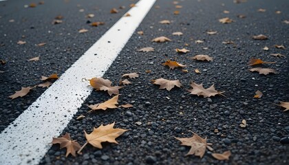 Fototapeta premium Autumn leaves scattered on asphalt road with white line marking
