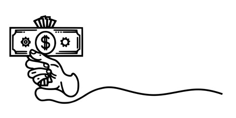 Hand Holding Cash Line Art, Line drawing of a hand holding cash, symbolizing financial transactions