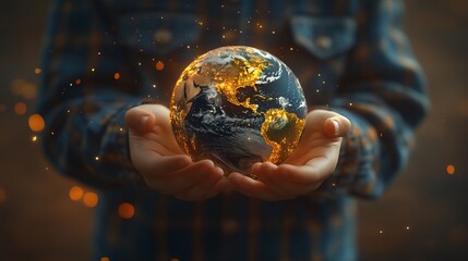 Fototapeta premium Child's hands gently holding Earth. A symbolic representation of environmental stewardship, care, and protection