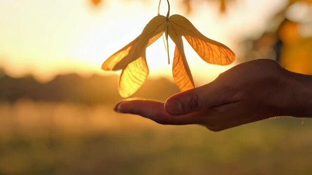Female hand holding maple seeds in golden sunset light, nature beauty, autumn atmosphere, sunflare, idyllic, warm, calm, and peaceful.