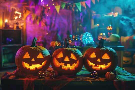 Three carved Halloween pumpkins with glowing faces on a table. Colorful decorations and spooky atmosphere in the background. - Powered by Adobe