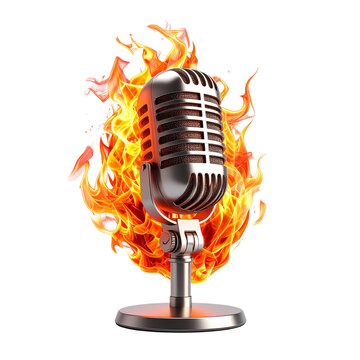 Vintage microphone on fire hot podcast recording studio equipment