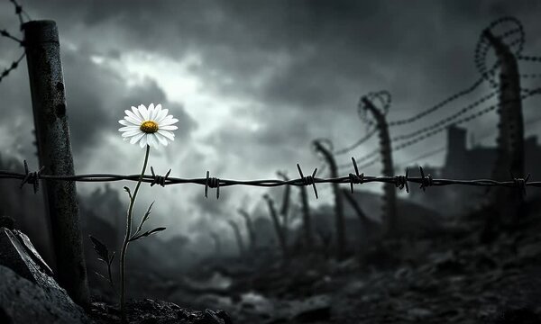 Daisy blooming in a war torn landscape