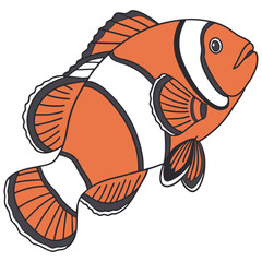 Colorful flat vector illustration of a vibrant clownfish (Amphiprioninae), showcasing its distinct orange and white stripes with clear black outlines. Perfect for marine, aquarium, or reef themes.