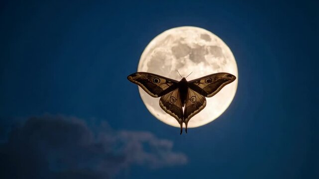 Large emperor moth silhouetted against a bright, full moon in the night sky with blurred clouds, showing detailed wing patterns and lunar glow.