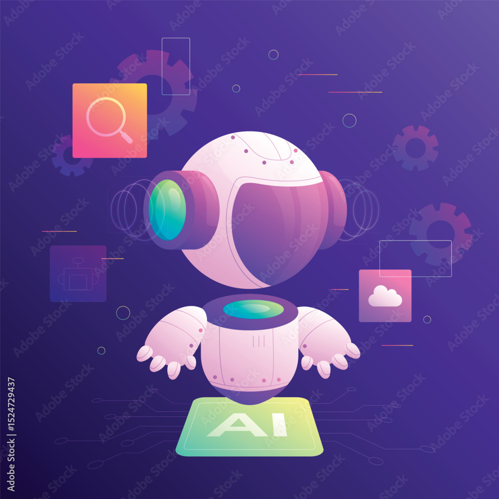 Poster a cartoonstyle robot floats above a circuit board with ai on it set against a gradient purple backgr