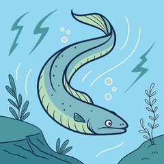 Colorful vector illustration of an electric eel (Electrophorus), featuring its elongated body and a subtle, stylized electric aura. Perfect for unique aquatic or energy-themed designs.