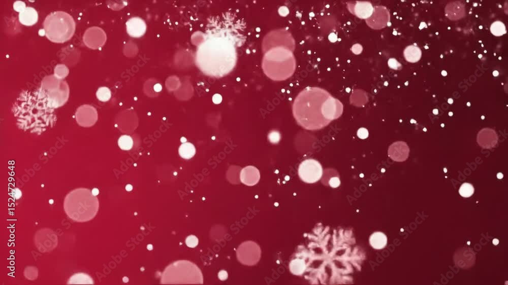 Poster animated winter background with soft bokeh snowflakes and crimson color palette