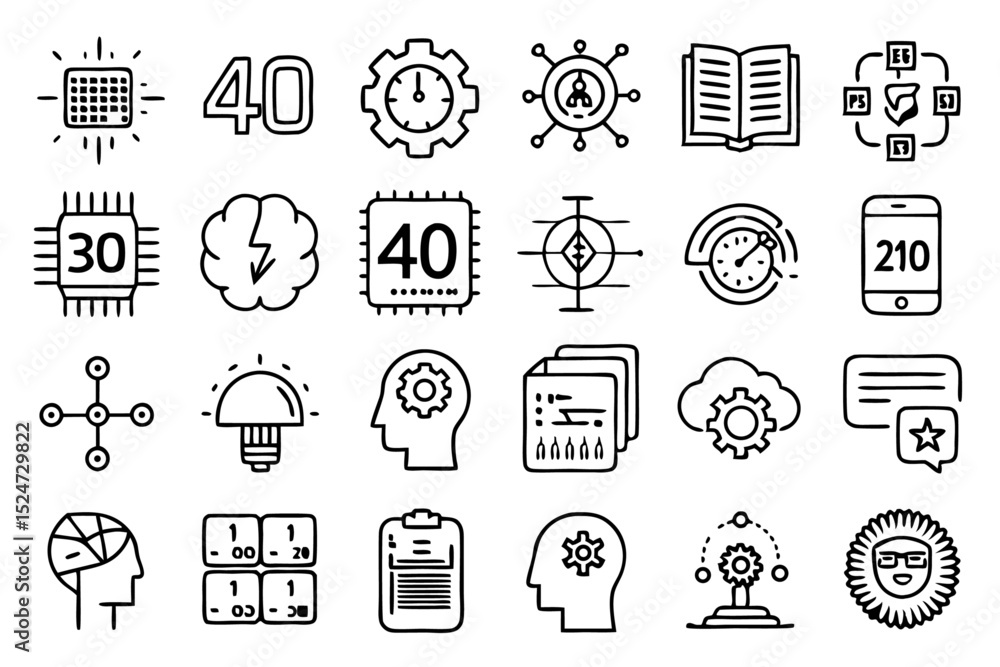 Poster collection of line icons depicting memory card brain cpu and neurological symbols isolated on transp