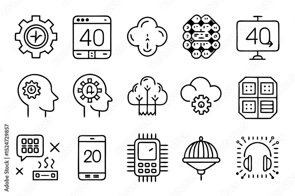Poster collection of line icons depicting memory card brain cpu and neurological symbols isolated on transp