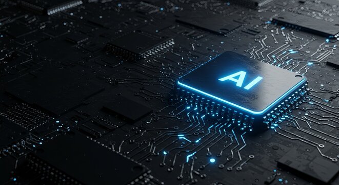 The central AI chip shines on the complex digital circuit board, the feel of technological innovation