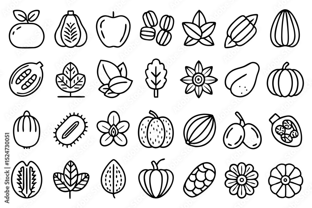 Poster collection of line icons depicting nuts seeds beans and walnuts isolated on transparent background