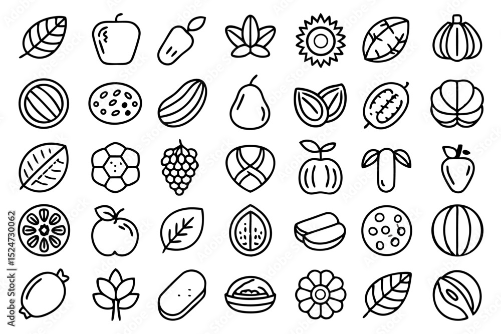 Poster collection of line icons depicting nuts seeds beans and walnuts isolated on transparent background