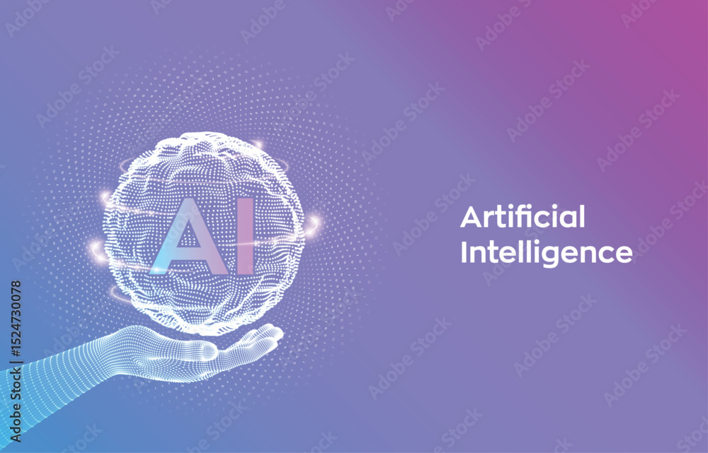 Poster a hand holds a digital sphere with ai in it against a purple gradient with artificial intelligence t