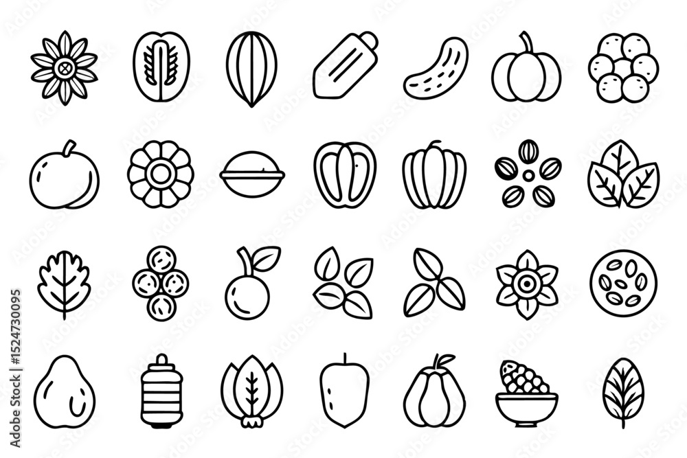 Poster collection of line icons depicting nuts seeds and beans including walnuts isolated on transparent ba