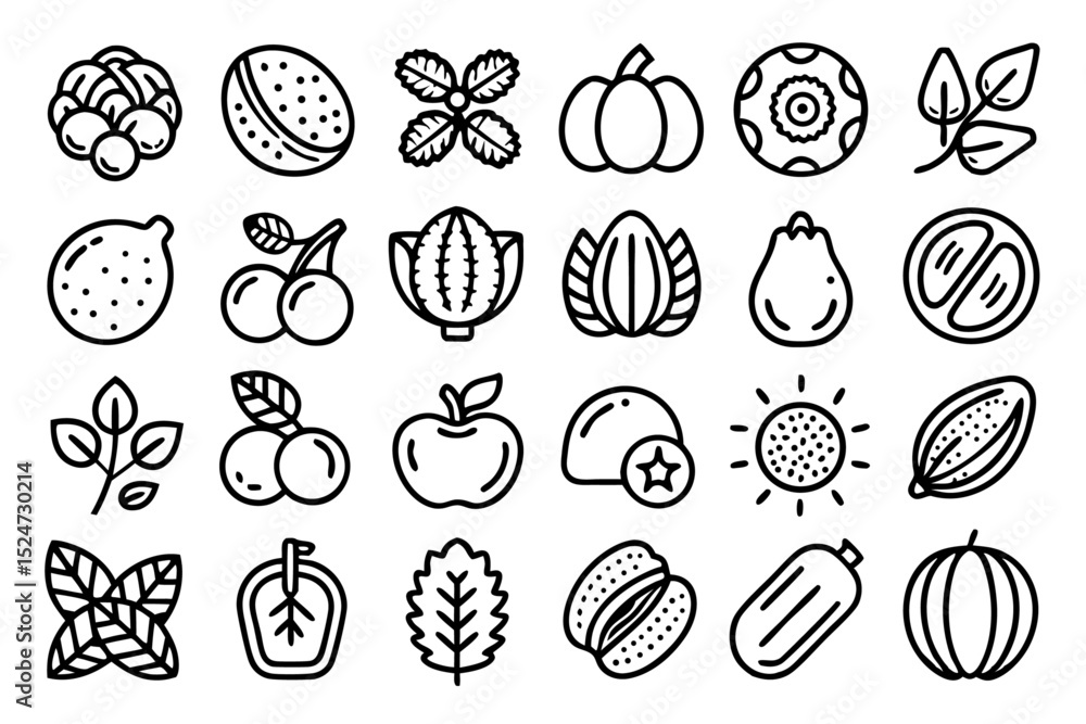 Poster collection of line icons depicting nuts seeds and beans isolated on transparent background