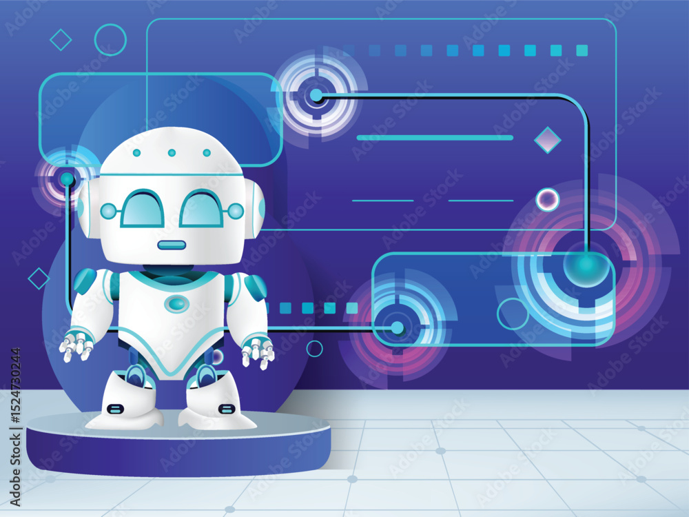 Poster a robot stands on a platform against a futuristic backdrop of shapes and lines