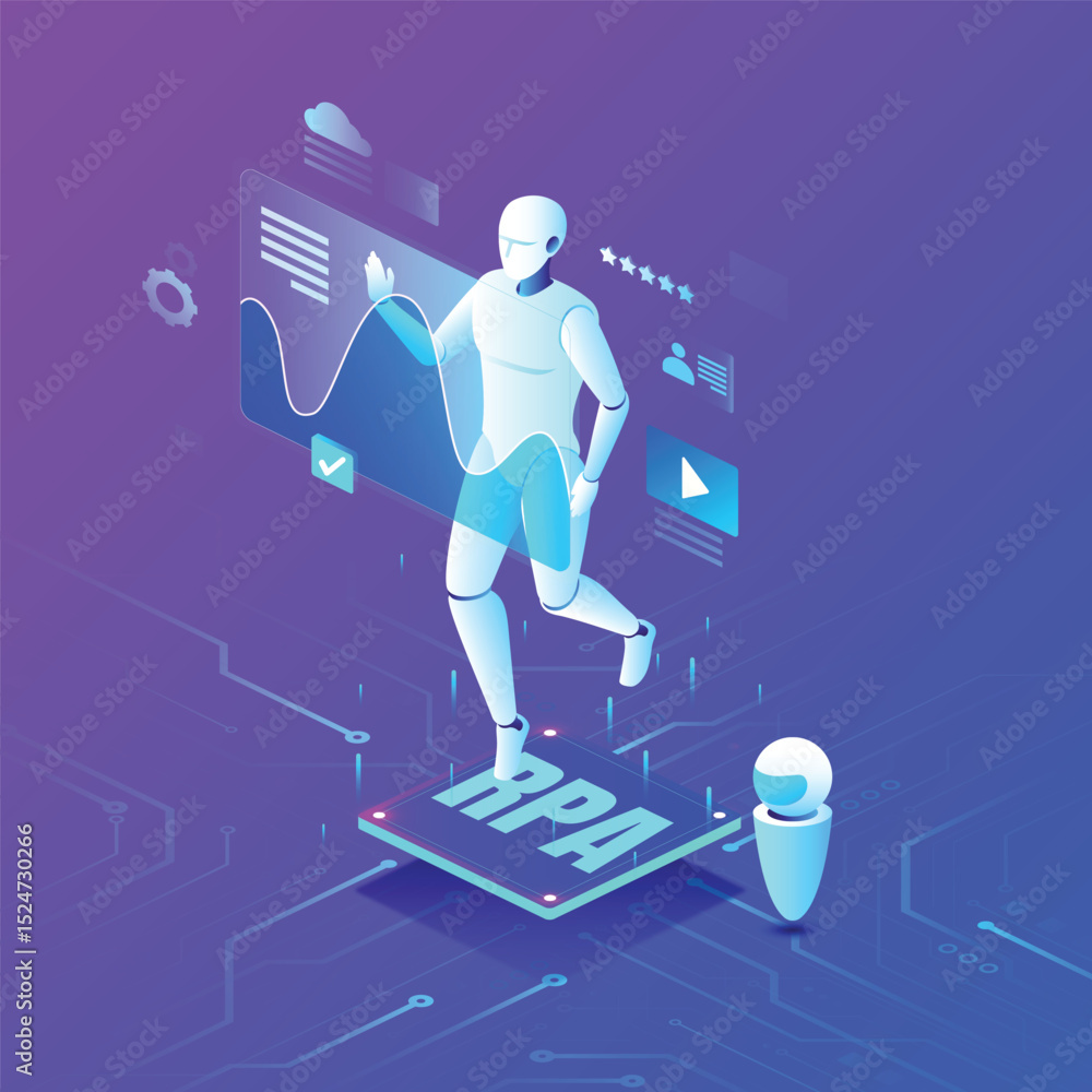 Fototapete a robot manipulates a chart while standing on a platform labeled rpa in a futuristic techcentric sce