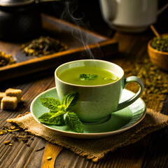A hot, healthy, traditional green tea beverage with mint and lemon in a white cup on a table