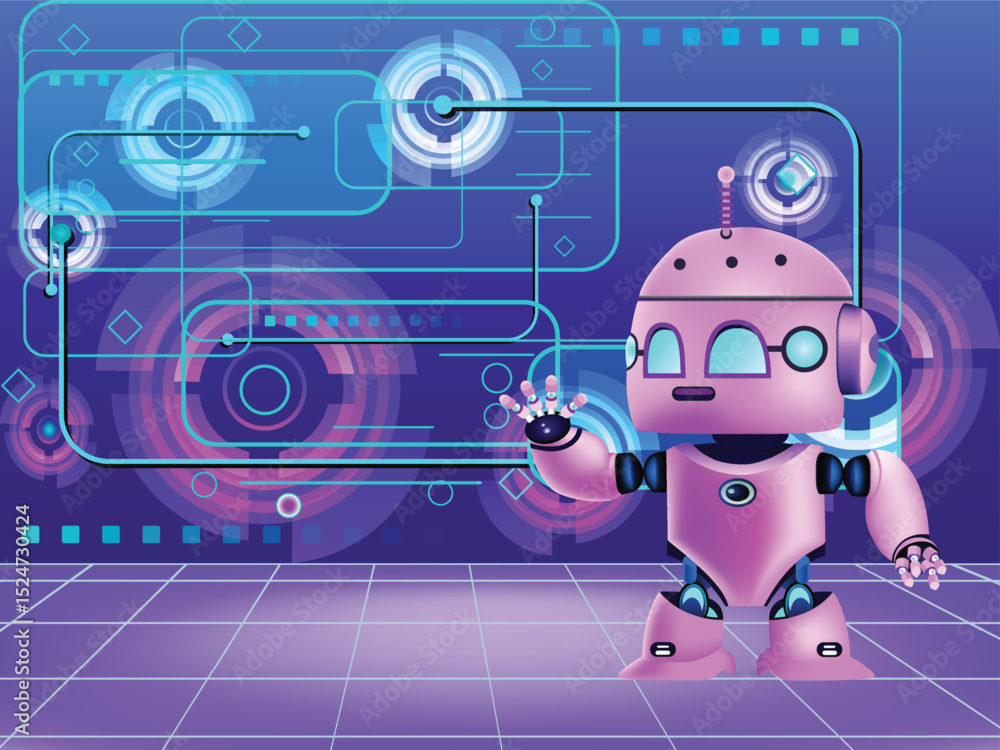 Poster a stylized pink robot stands on a grid floor with a tech background of circles rectangles and diamon