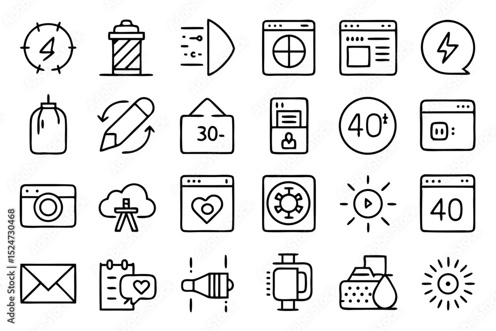 Poster photo editing filter brightness line icon set isolated on transparent background