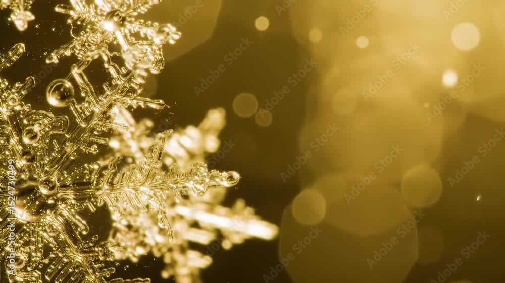 Poster detailed close up view of a sparkling snowflake against a warm golden background