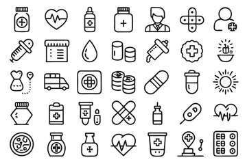 Fototapeta premium Pharmacy medical care line icons set isolated on transparent background