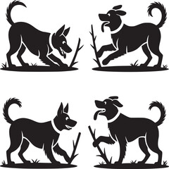 Four black dog silhouettes playing with sticks on grass in a square pattern on a white background