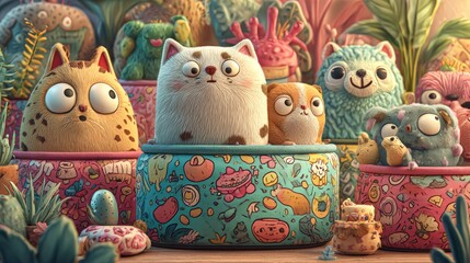 A whimsical gathering of playful cats snuggled together in a colorful flower pot surrounded by greenery and bright blooms creating an adorable feline scene