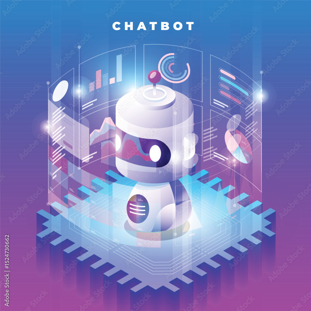 Poster a stylized robot stands on a platform surrounded by data visualizations on a bluepurple gradient bac