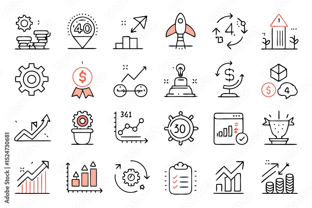Poster progress efficiency growth line icons set isolated on transparent background