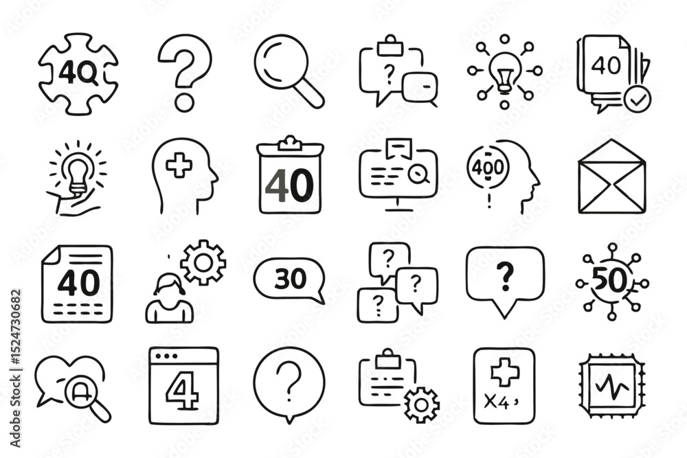 Poster collection of line icons depicting query question ask help and conference concepts isolated on trans