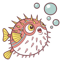 Colorful vector graphic of a pufferfish (Tetraodontidae), depicted slightly inflated with visible spines and a curious, stylized expression. Ideal for unique or humorous aquatic designs.