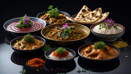 Assorted indian dishes presented in decorative bowls.