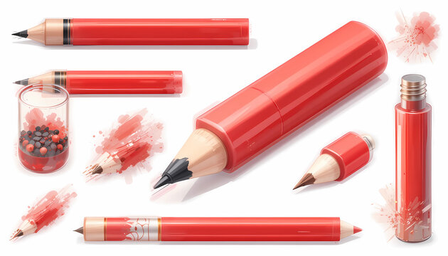 Assorted Red Pencils, Sharpenings, and Pencil Shavings with Eraser on White Background - Art Supplies, Education, and Creative Tools