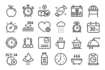 Collection of line icons depicting a routine morning wake up and daily life activities isolated on transparent background
