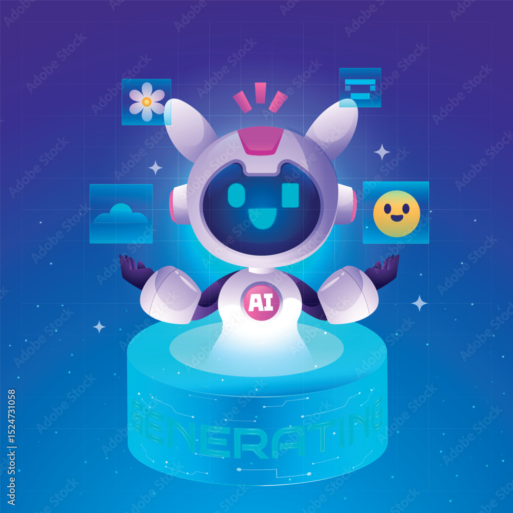 Poster a white robot with an ai logo stands on a teal platform with the word generating on it