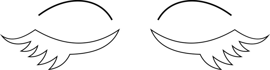 Closed eyes beautiful face, eyebrows and eyelashes, lashes extensions. Element design. Beauty studio logo. Linear vector in trendy minimalist style. makeup mascara symbols on transparent background.