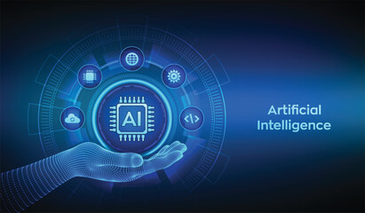 An AI chip hovers above a wireframe hand against a blue backdrop with circular technology icons  the words Artificial Intelligence