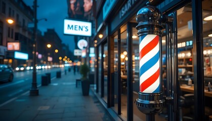 Barber shop pole outside on city street at night with bright lights