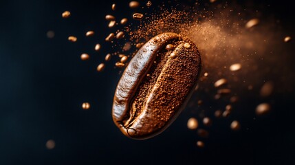 Coffee bean with powder explosion against a dark, blurred background
